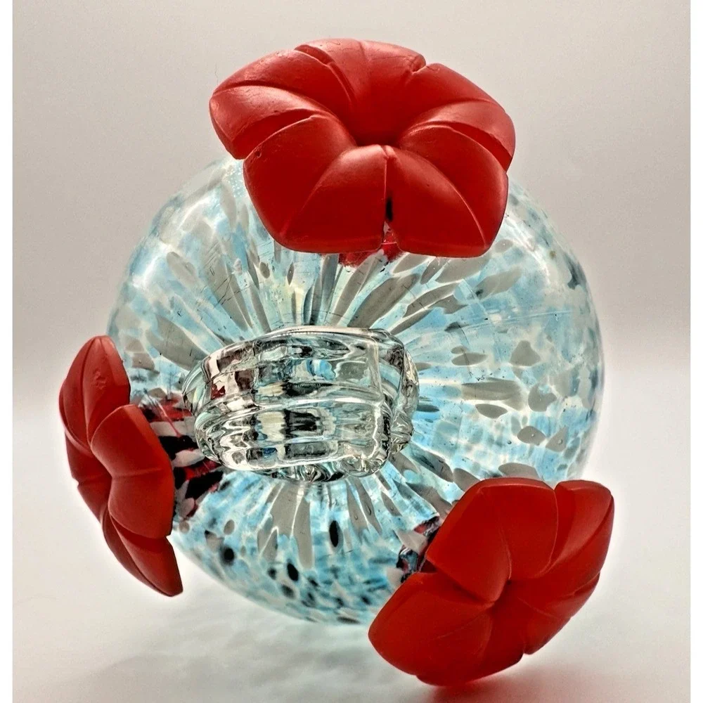 Hummingbird Feeder Hand Blown Glass Blue White Confetti Red Flower Ports Hanging